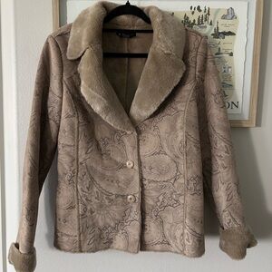 eStudio Faux Fur Beige Suede Jacket with Floral Print Size Medium